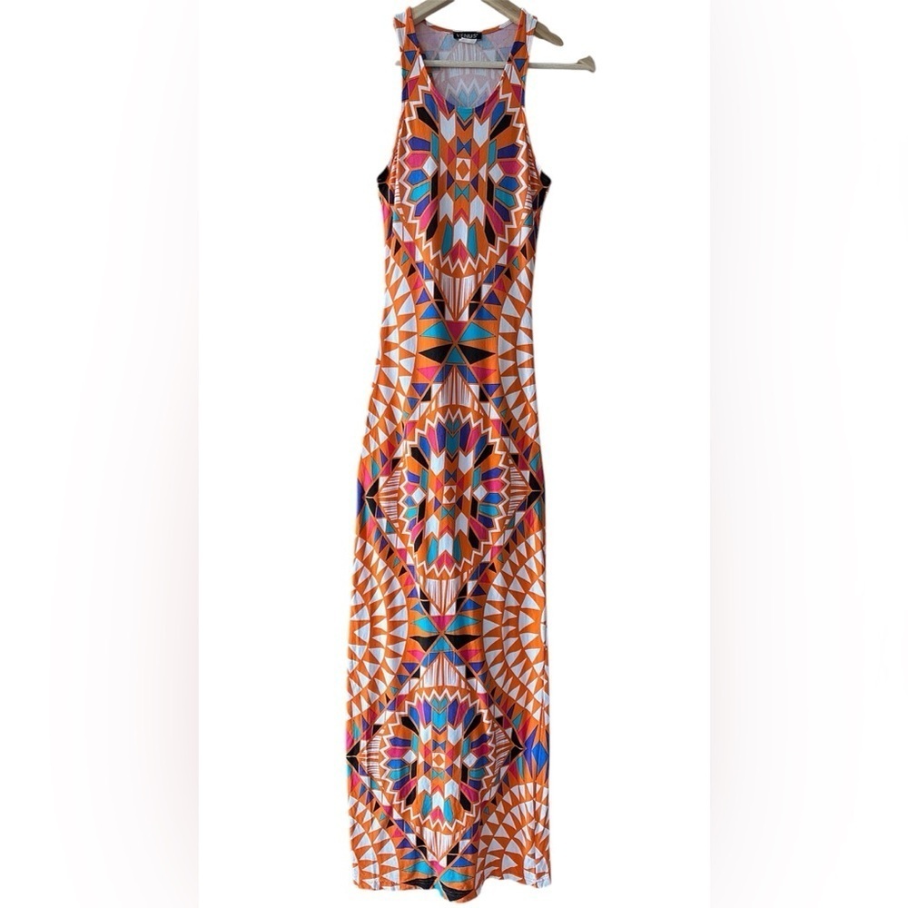 Long Tank Maxi Dress Aztec Southwestern Boho Orange Blue Turquoise - XS